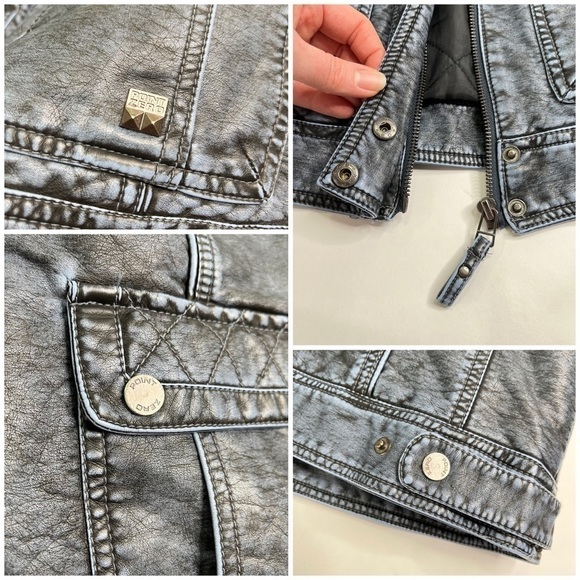 POINT ZERO Blue Acid Washed Vegan Leather Quilted Moto Style Collar Jacket Coat - Picture 14 of 15